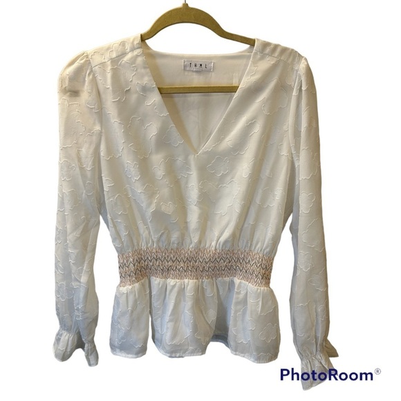THML textured top w/cinched waist peplum style, embroidery and puff sleeves - Picture 1 of 7